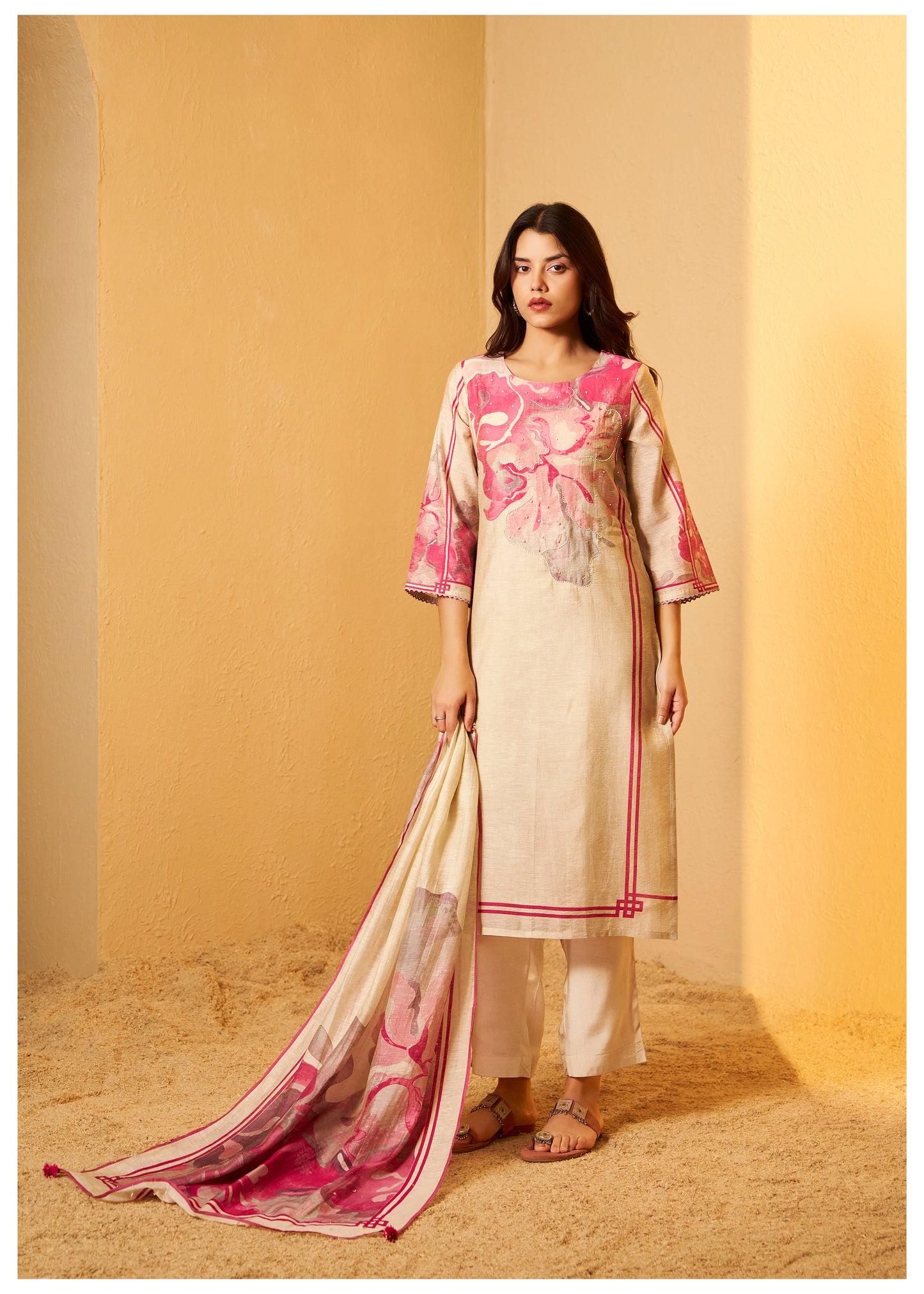 Digital Print Moti Work Beige Shimmer Linen Suit