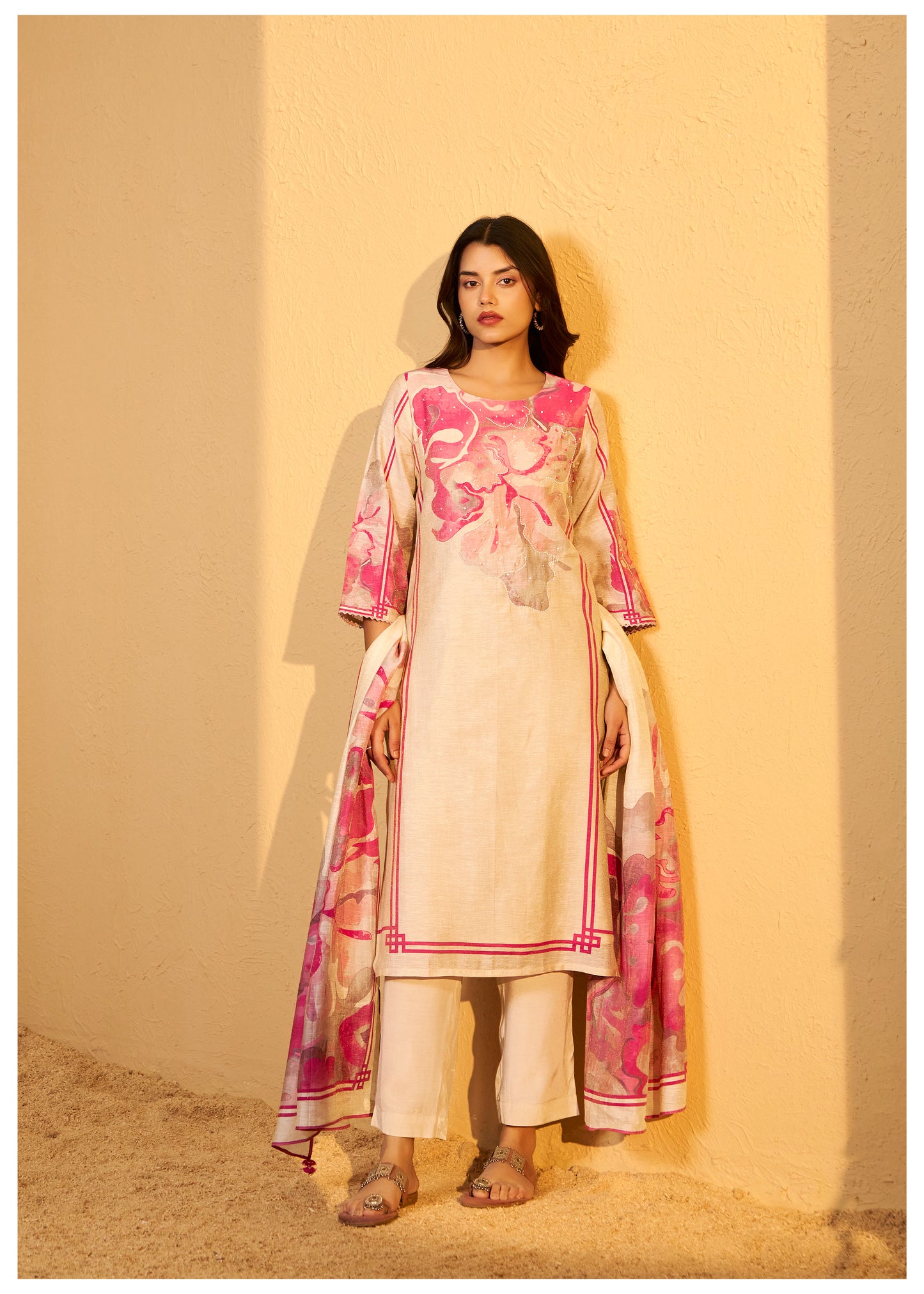 Digital Print Moti Work Beige Shimmer Linen Suit