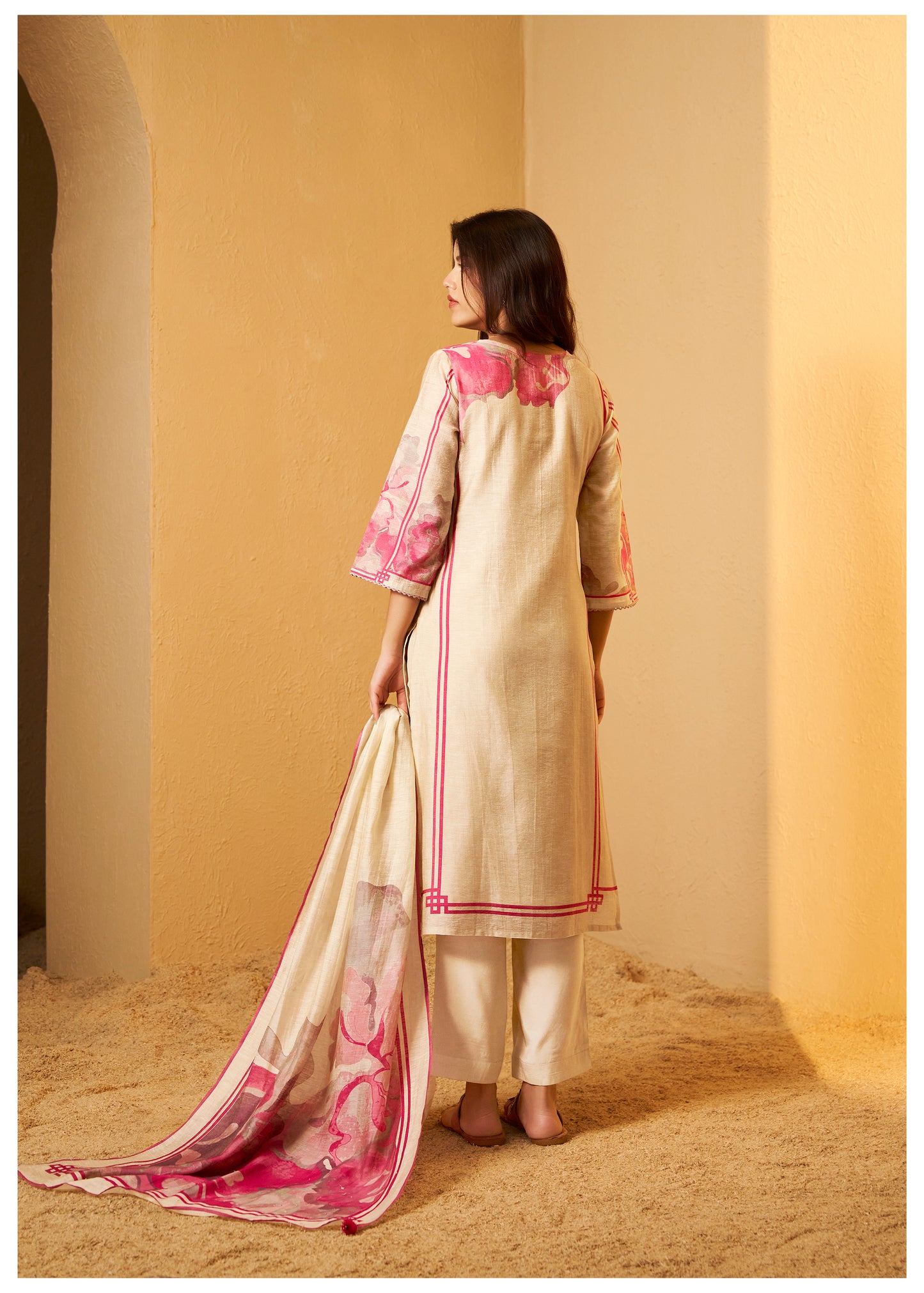 Digital Print Moti Work Beige Shimmer Linen Suit