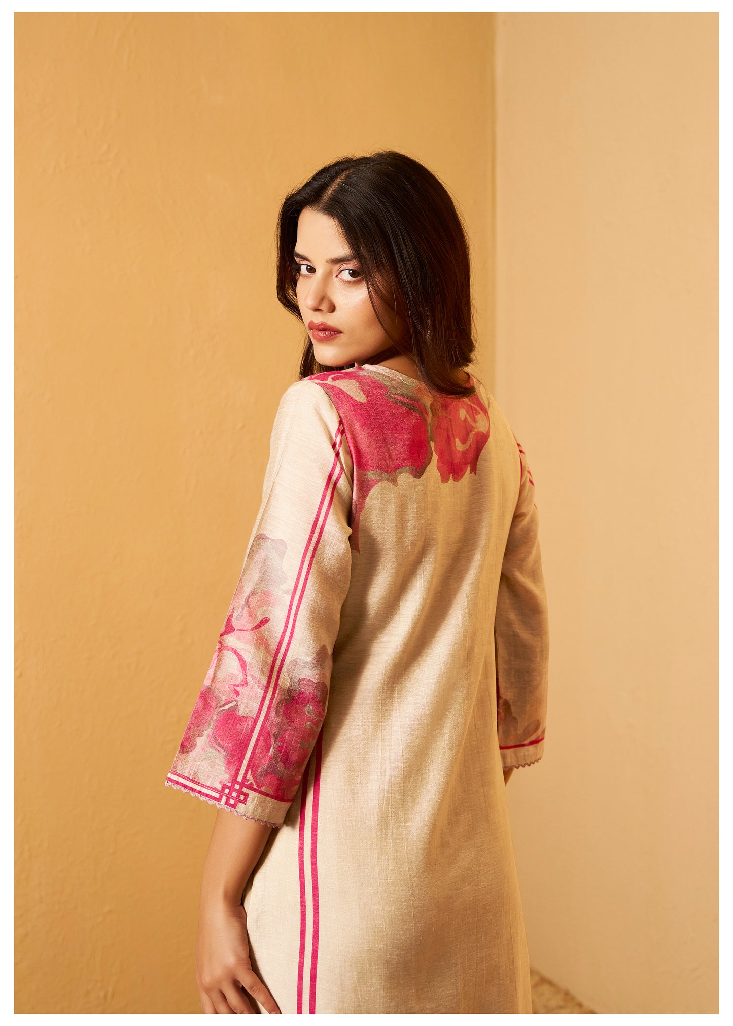 Digital Print Moti Work Beige Shimmer Linen Suit
