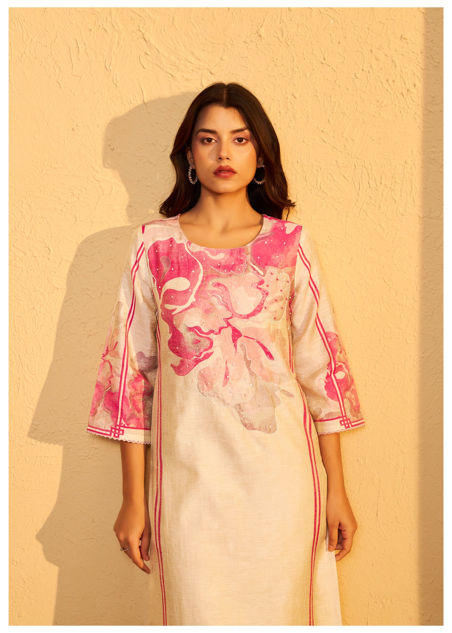 Digital Print Moti Work Beige Shimmer Linen Suit