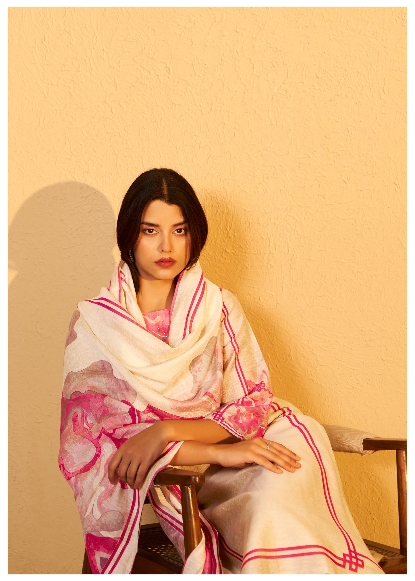 Digital Print Moti Work Beige Shimmer Linen Suit