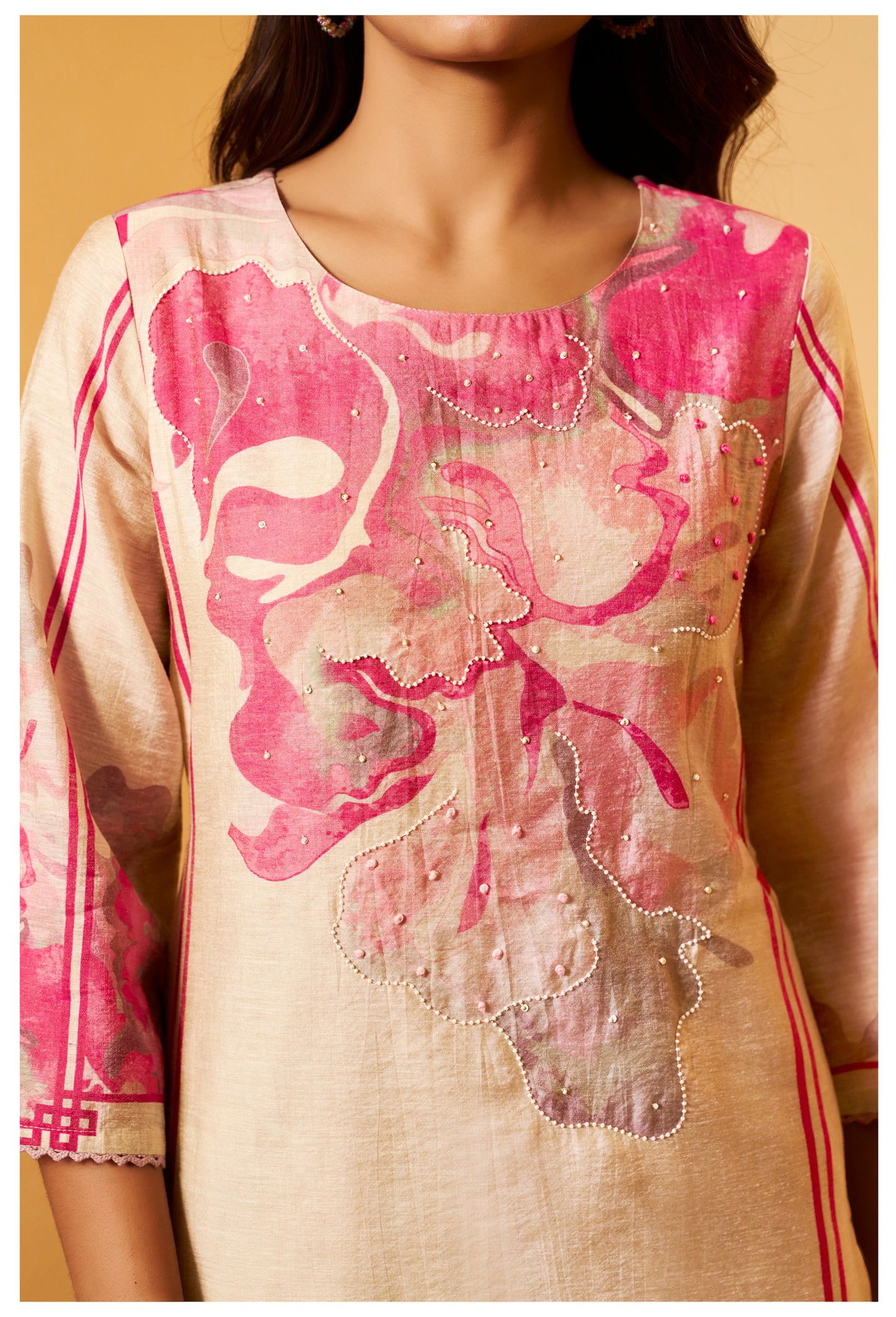 Digital Print Moti Work Beige Shimmer Linen Suit