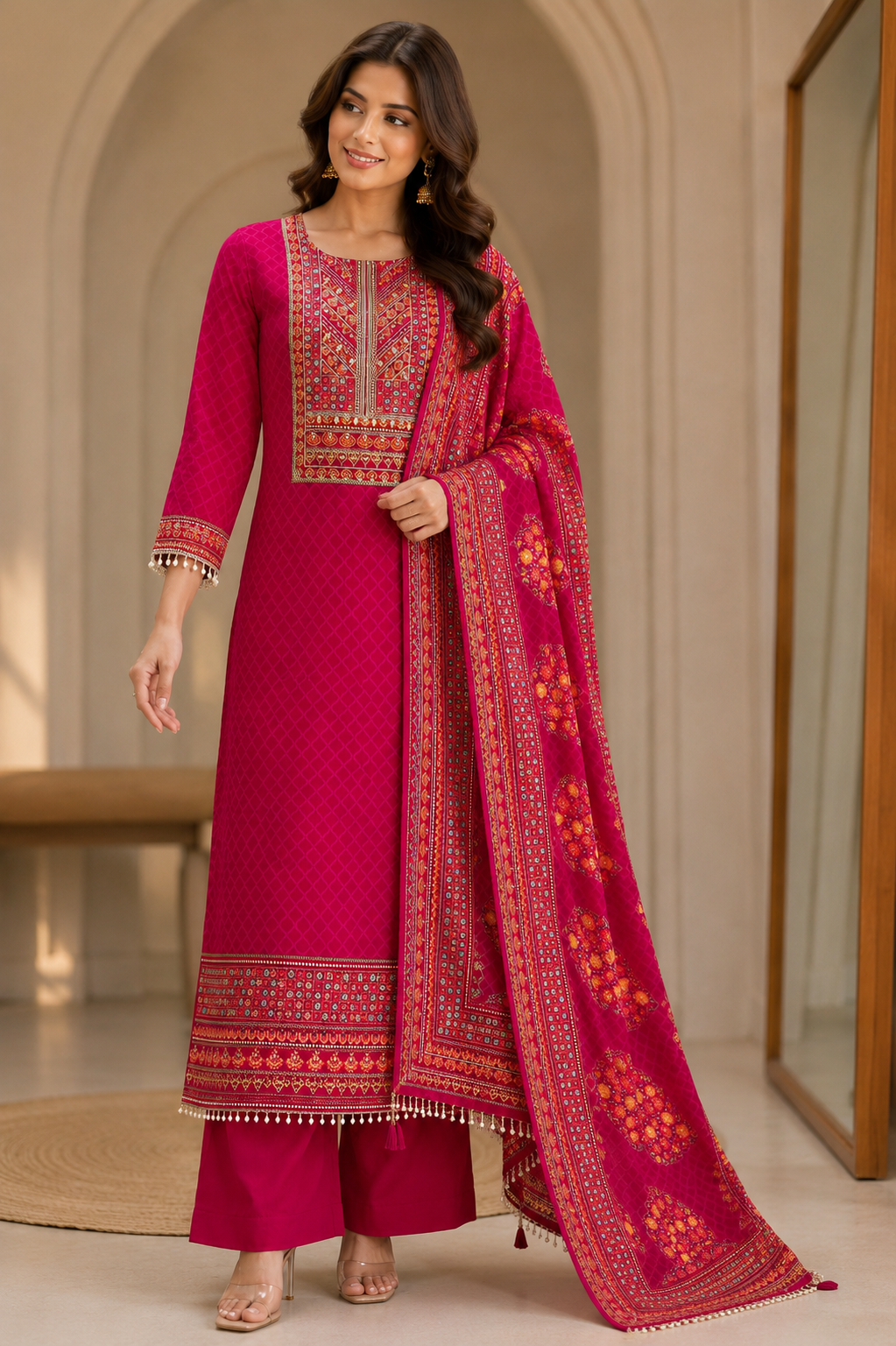 Premium Silk Suit Set with Zari & Mirror Work
