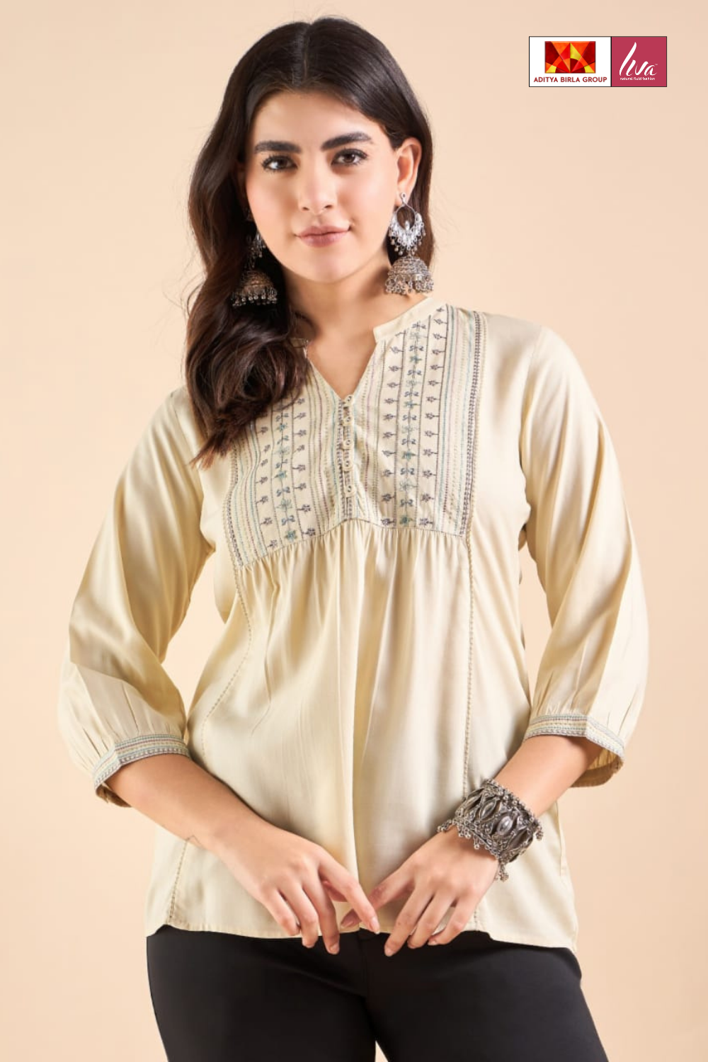 Cream Liva Fabric Top with Embroidered Yoke