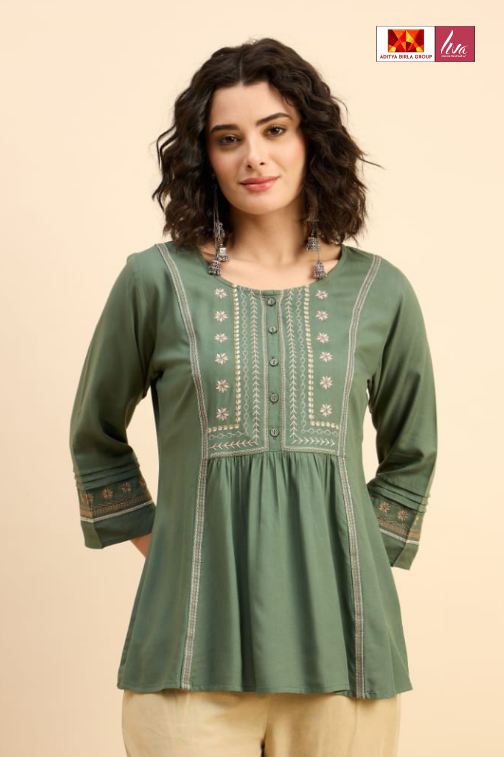 Bottle Green Liva Fabric Top with Embroidered Yoke