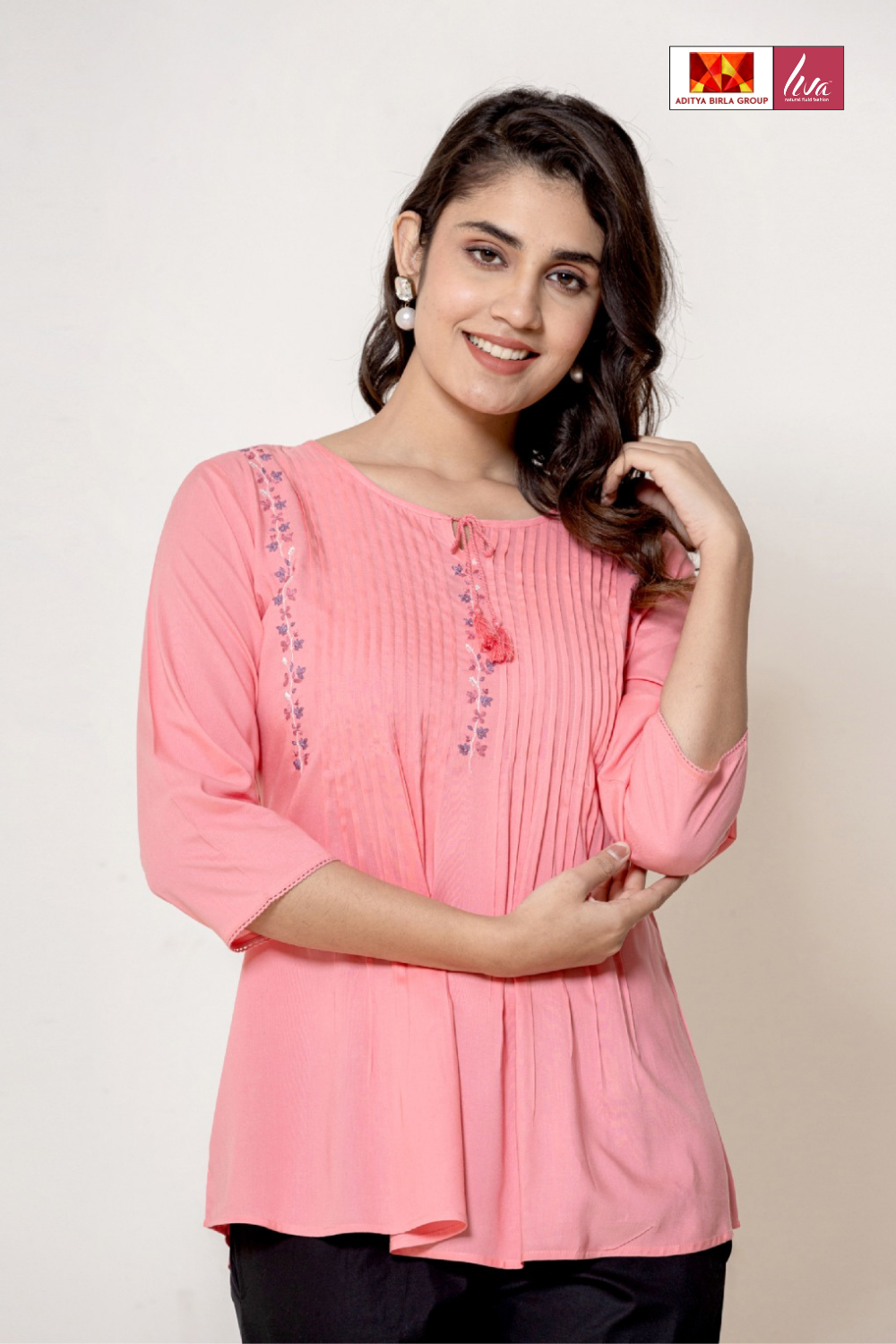 Blush Pink Liva Fabric Short Top with Floral Embroidery