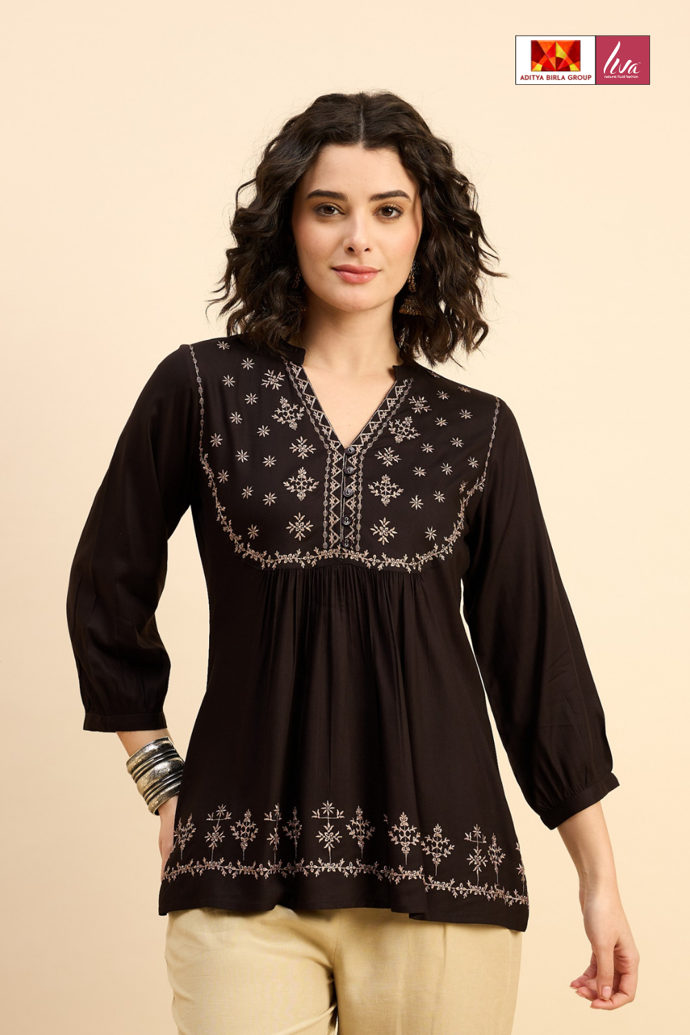 Black Liva Fabric Top with Embroidered Yoke and bottom