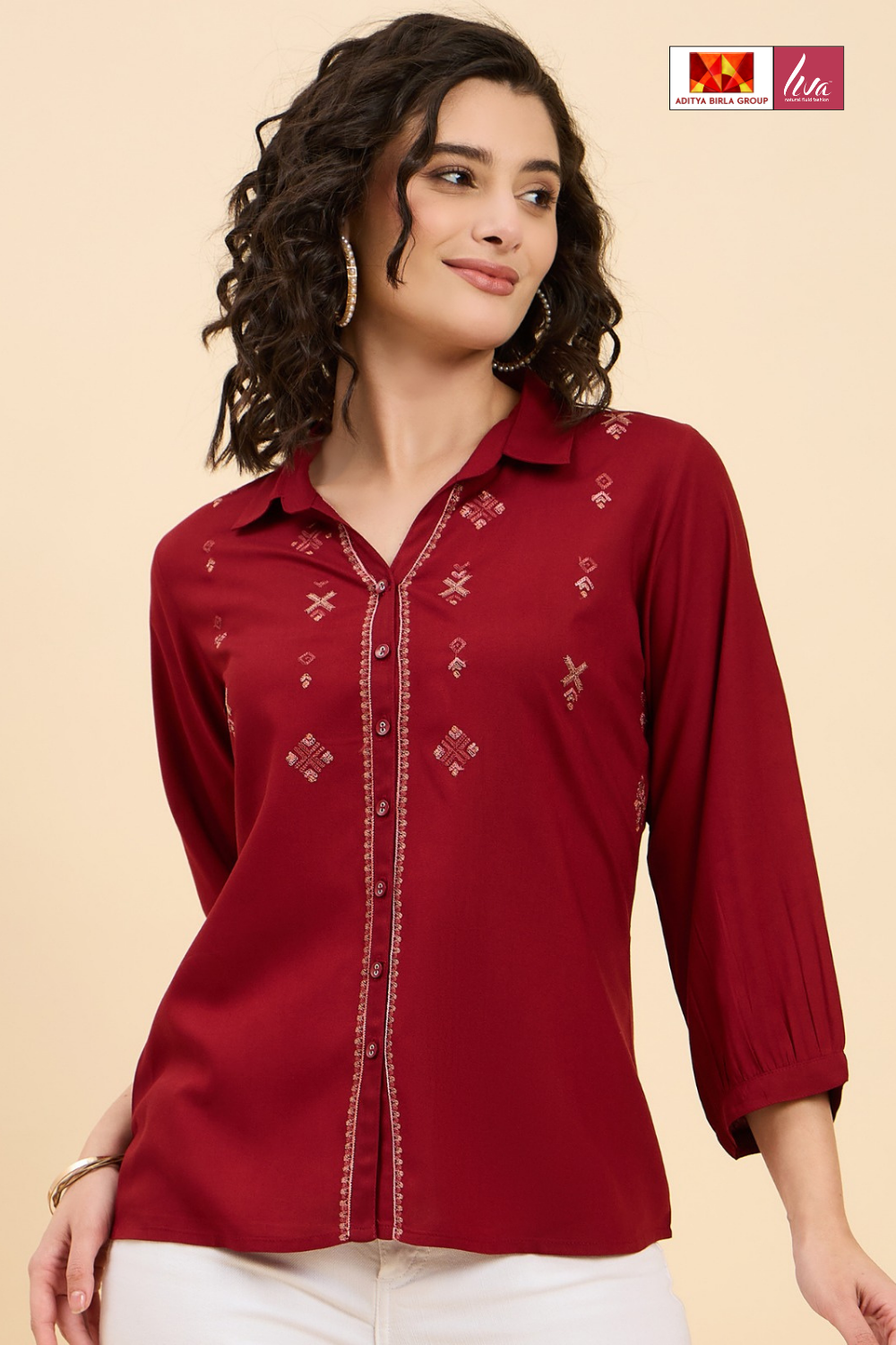 Maroon Shirt-Style Top in Premium Liva Fabric with Geometric Embroidery