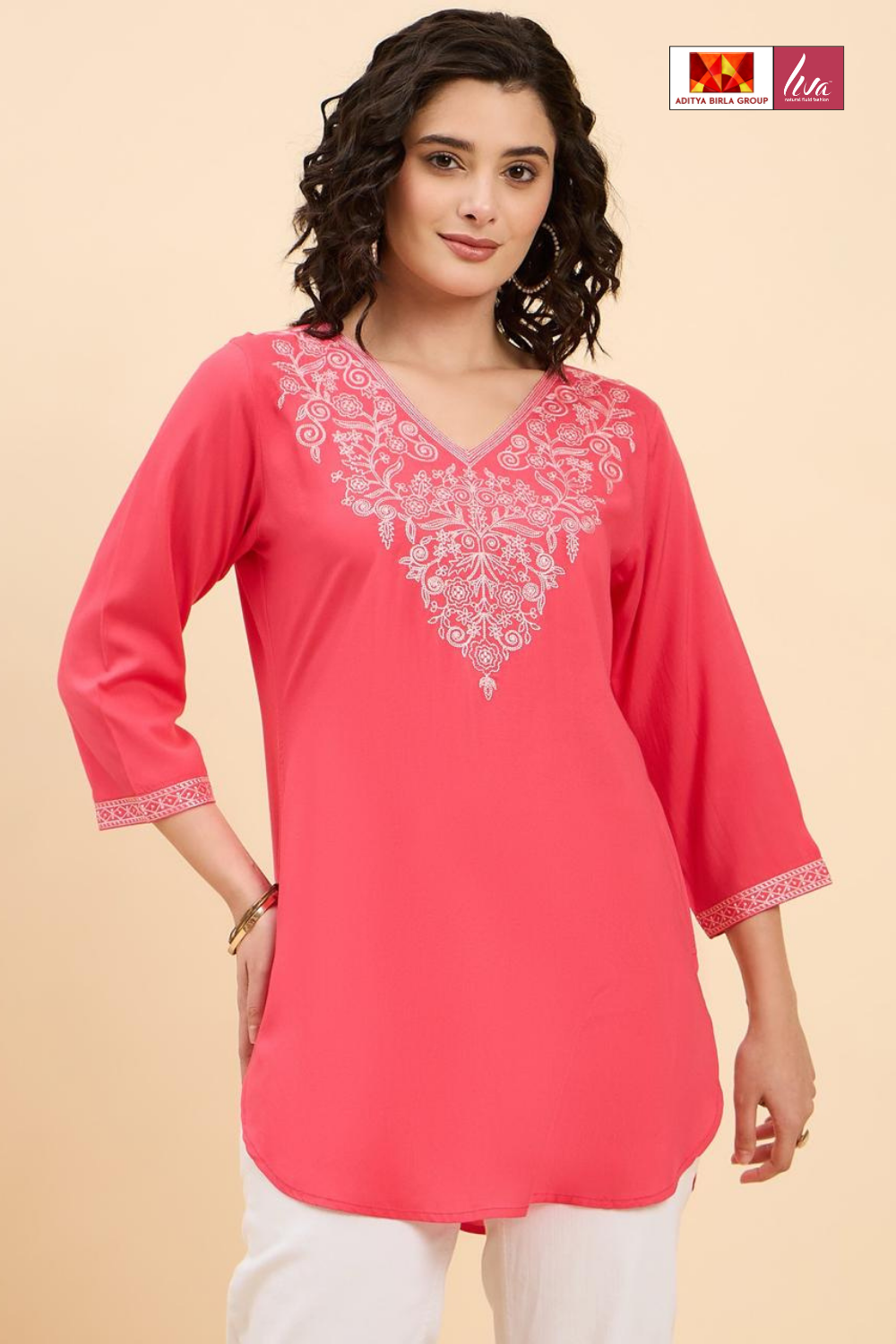 Coral Pink Liva Fabric Short Kurta-Style Top with Intricate Embroidery