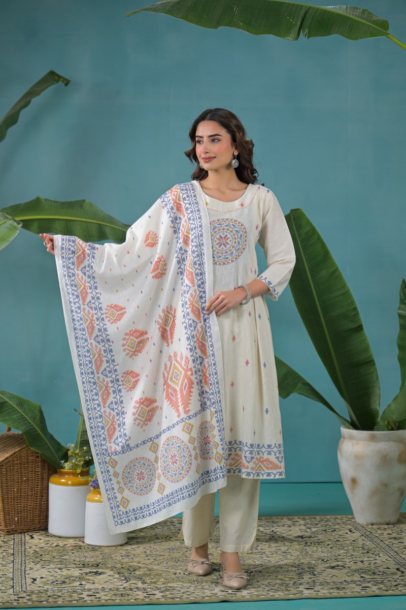 Linen Cotton Suit Set with Light Detailing