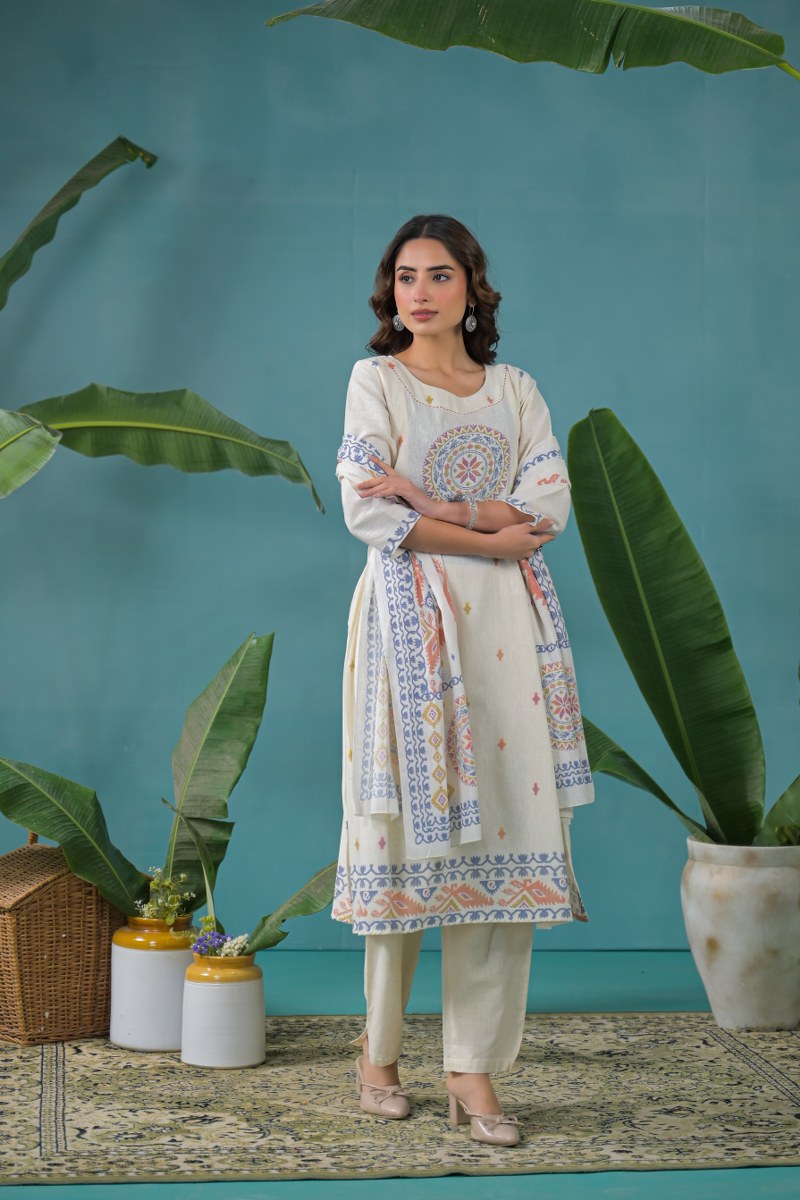 Linen Cotton Suit Set with Light Detailing