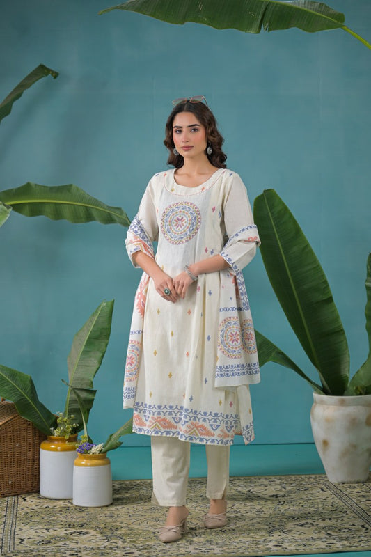 Linen Cotton Suit Set with Light Detailing