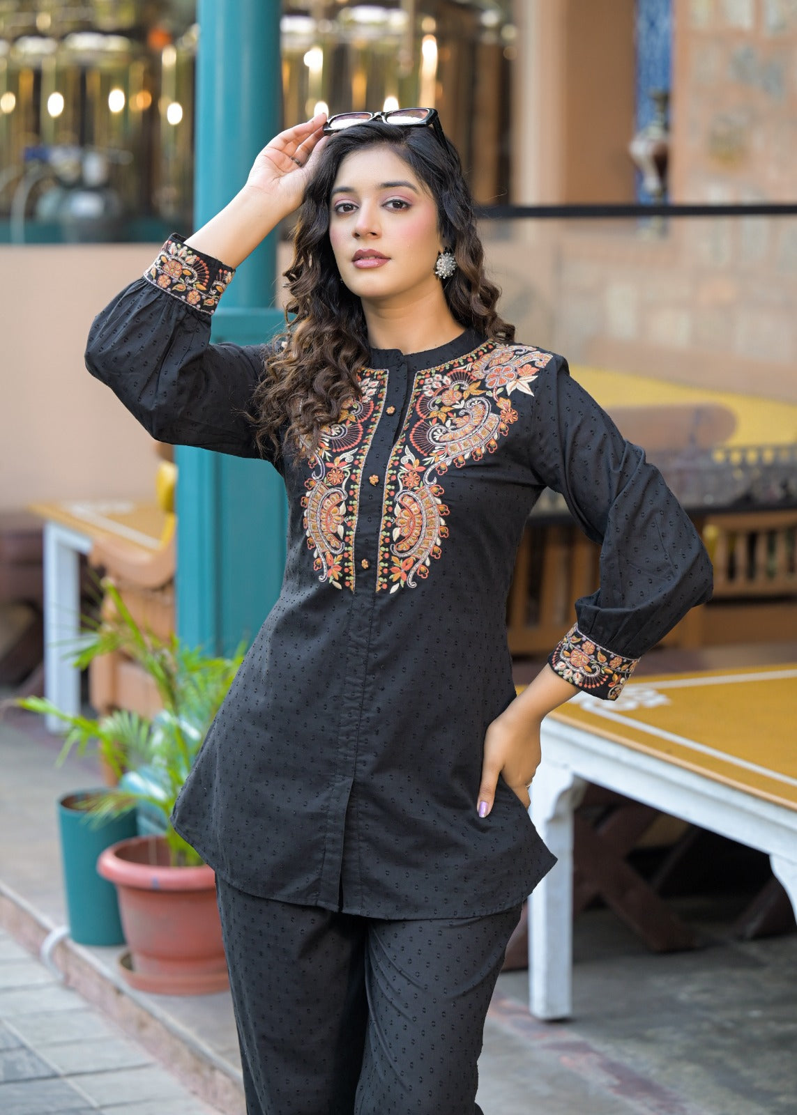Jacquard Cotton Co-Ord Set with Embroidery
