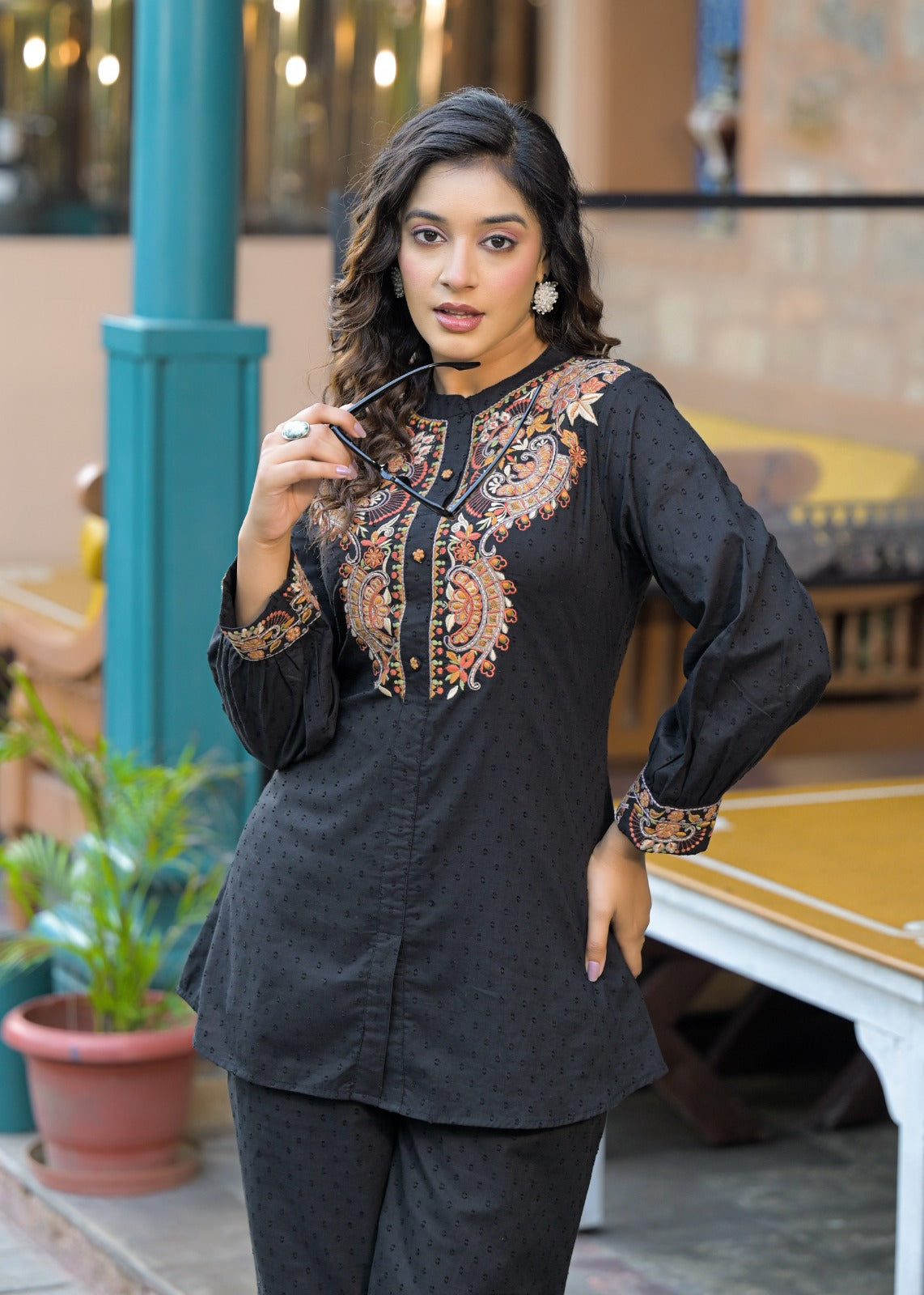 Jacquard Cotton Co-Ord Set with Embroidery