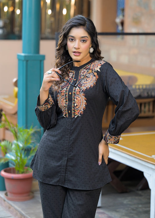 Jacquard Cotton Co-Ord Set with Embroidery