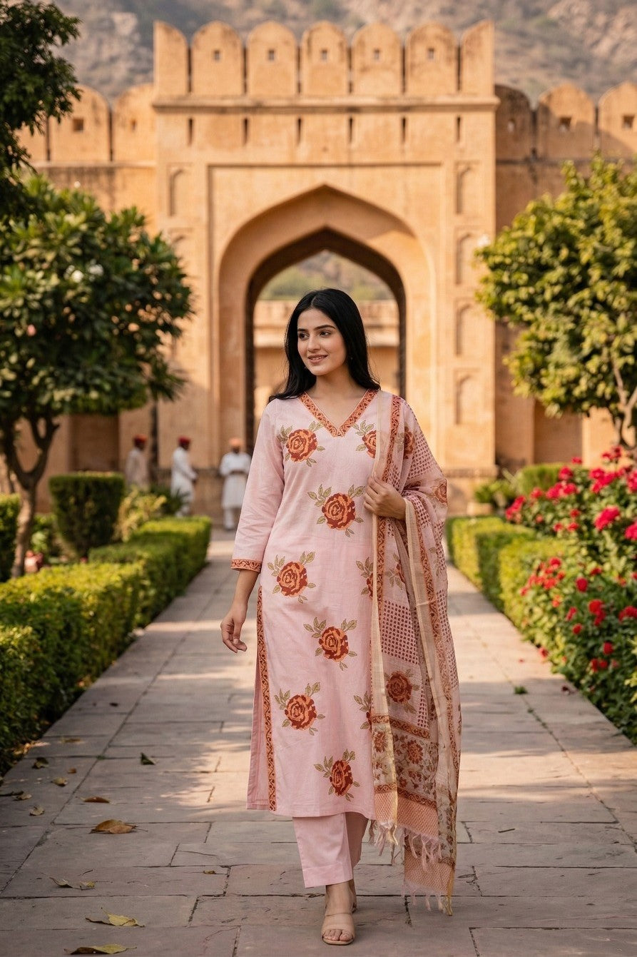 Hand Block Printed Suit with Kota Doria Dupatta