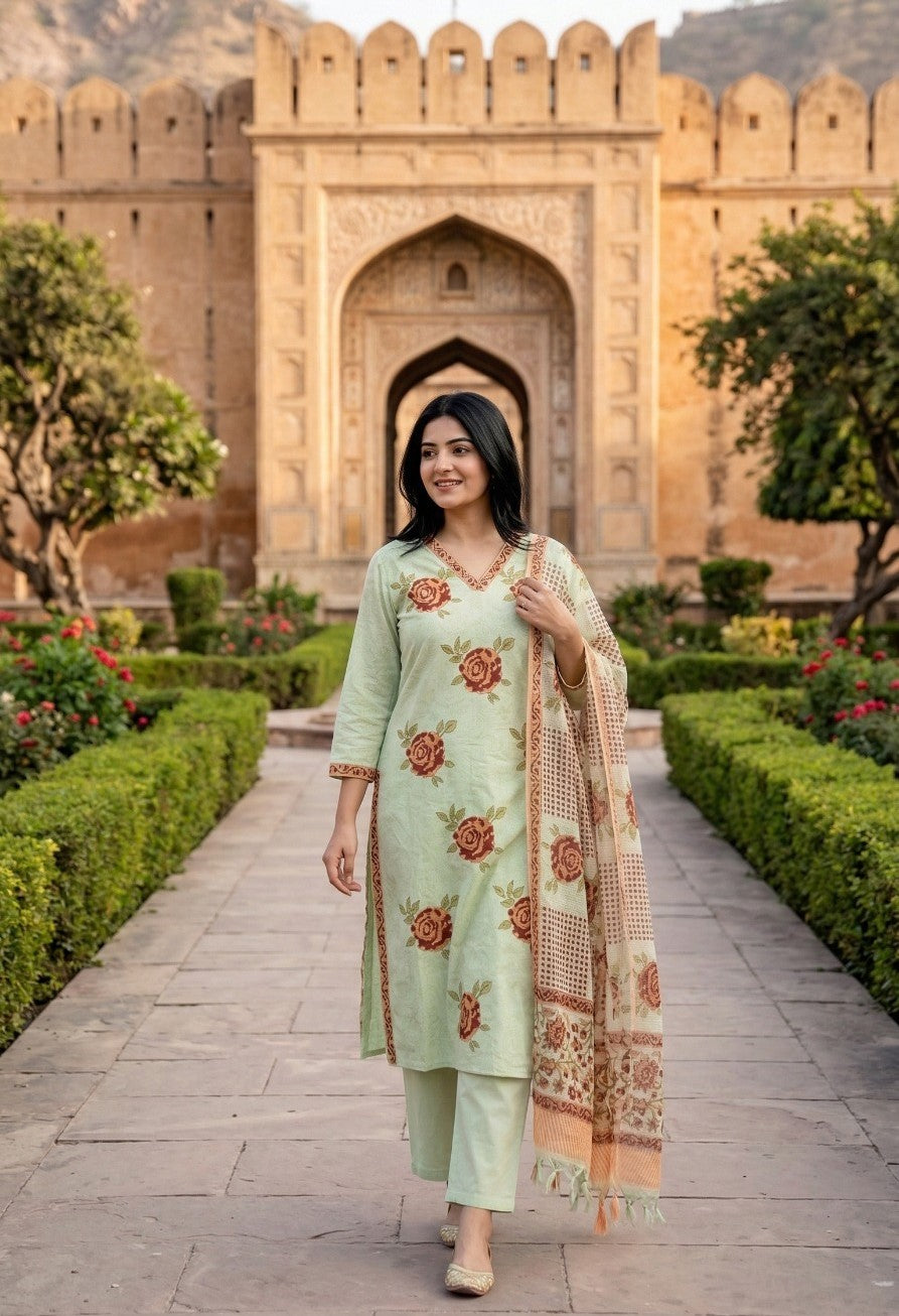 Hand Block Printed Suit with Kota Doria Dupatta