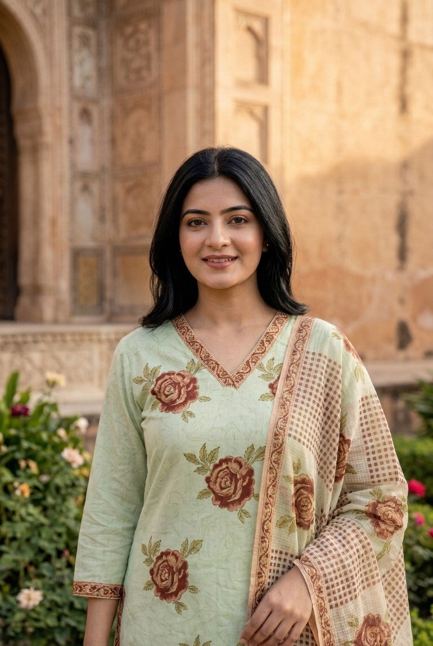 Hand Block Printed Suit with Kota Doria Dupatta