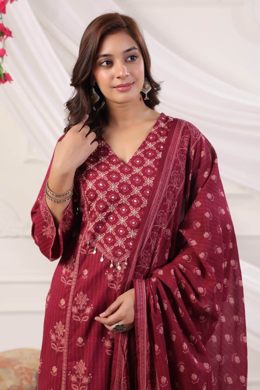 Printed Cotton Suit Set with Light Detailing