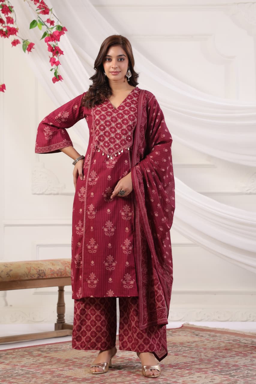 Printed Cotton Suit Set with Light Detailing
