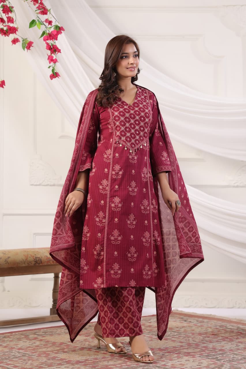 Printed Cotton Suit Set with Light Detailing
