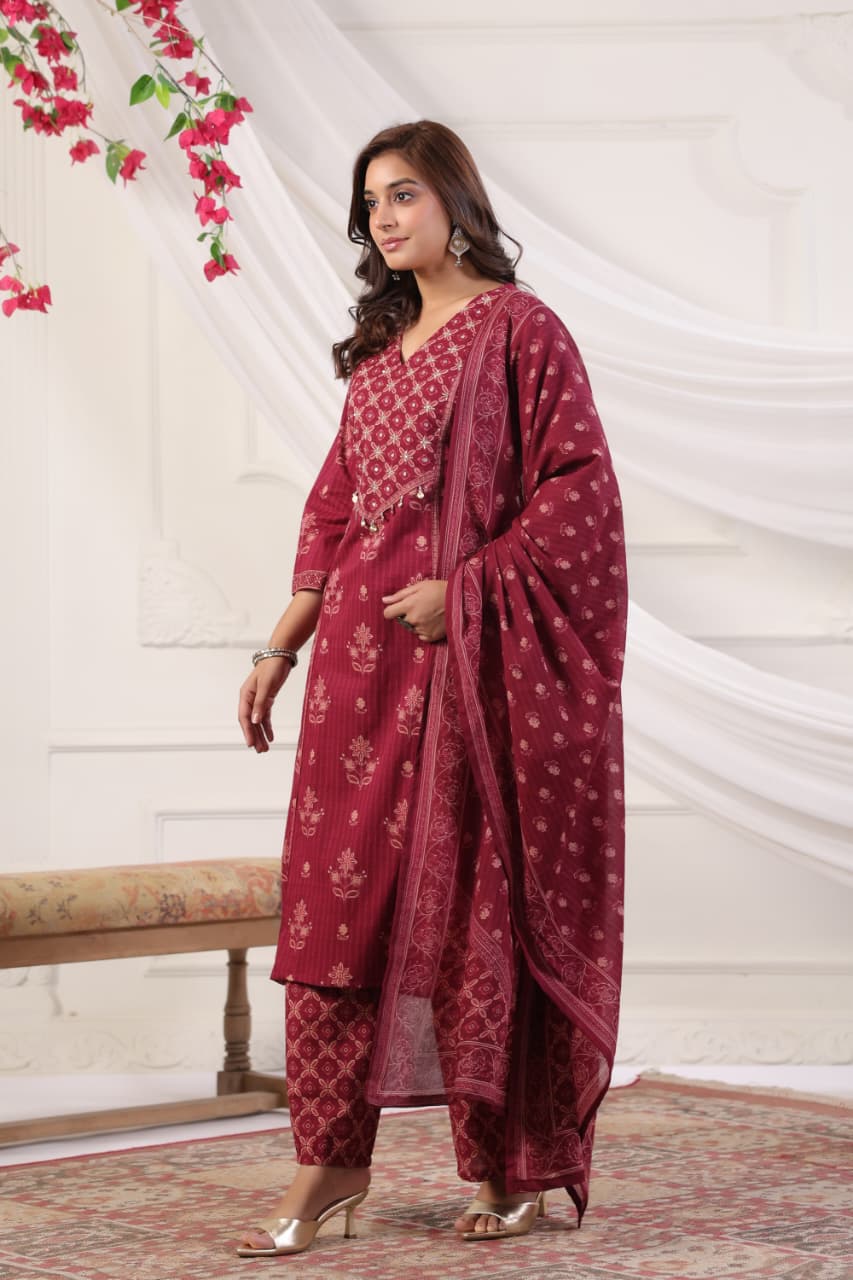Printed Cotton Suit Set with Light Detailing