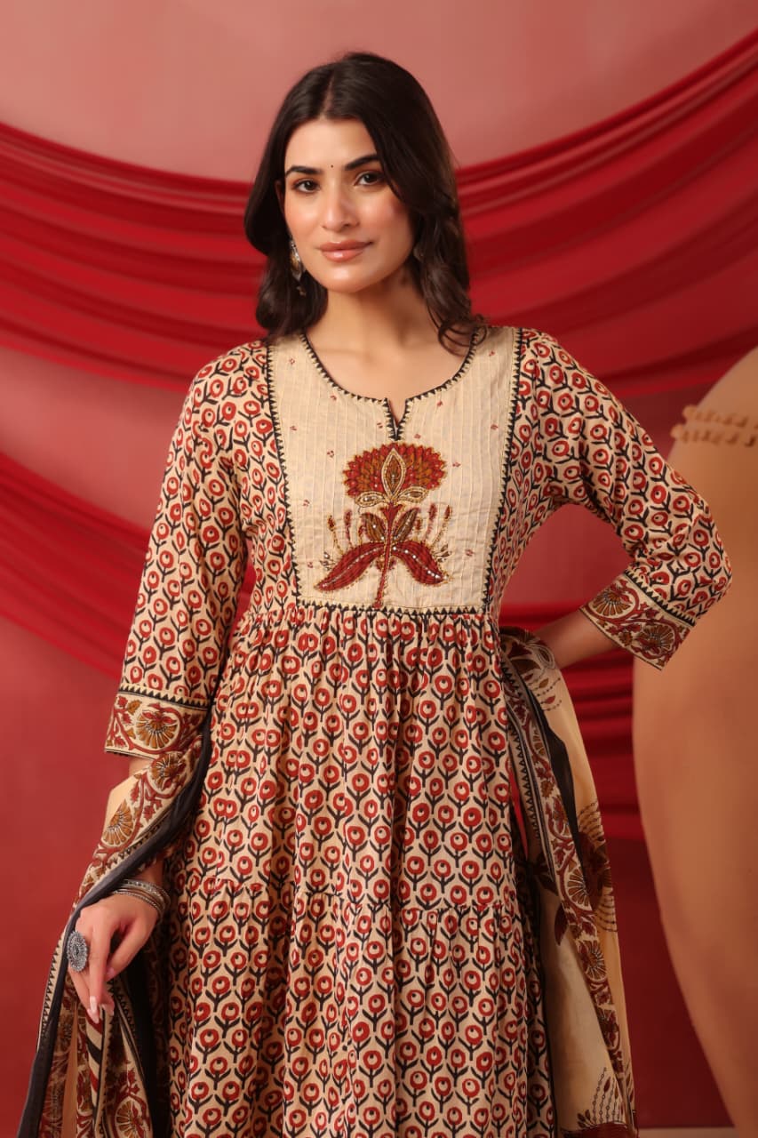 Cotton Anarkali Suit with Ajrakh Print
