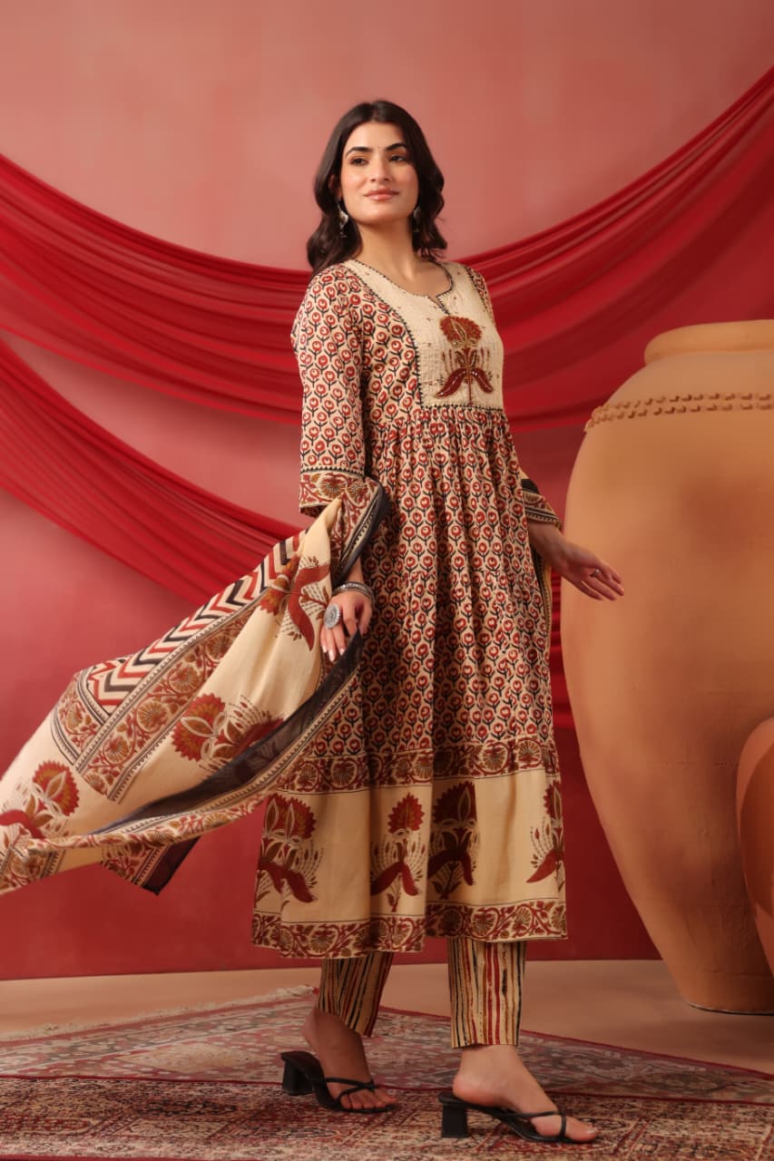 Cotton Anarkali Suit with Ajrakh Print