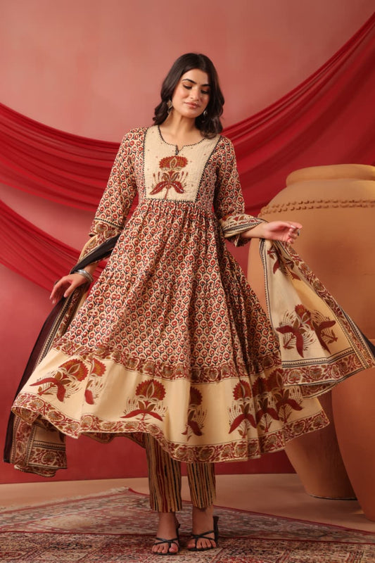 Cotton Anarkali Suit with Ajrakh Print