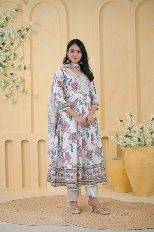 Mul Cotton Anarkali Suit with Thread Work Detailing