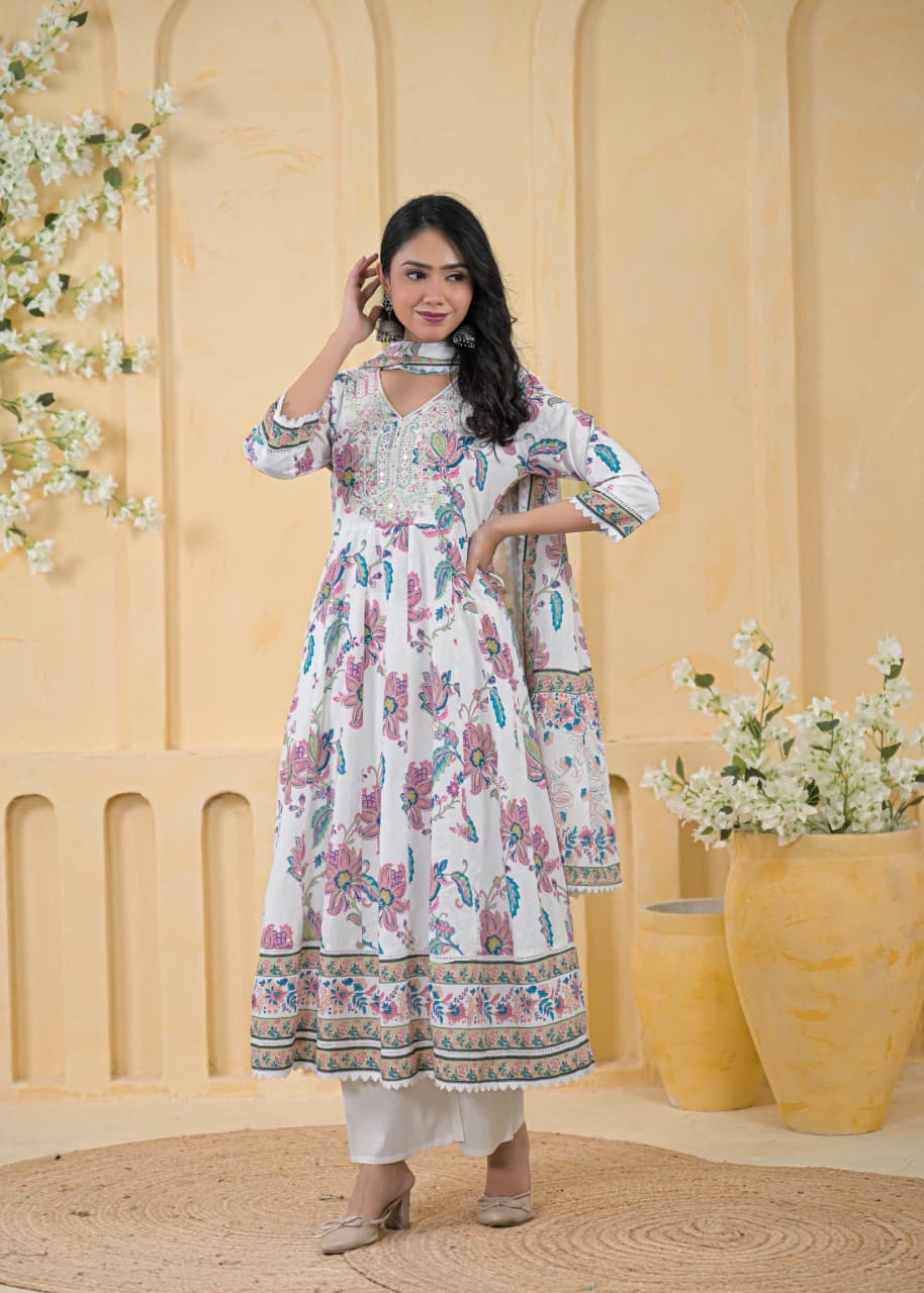 Mul Cotton Anarkali Suit with Thread Work Detailing