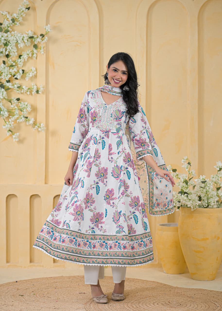 Mul Cotton Anarkali Suit with Thread Work Detailing