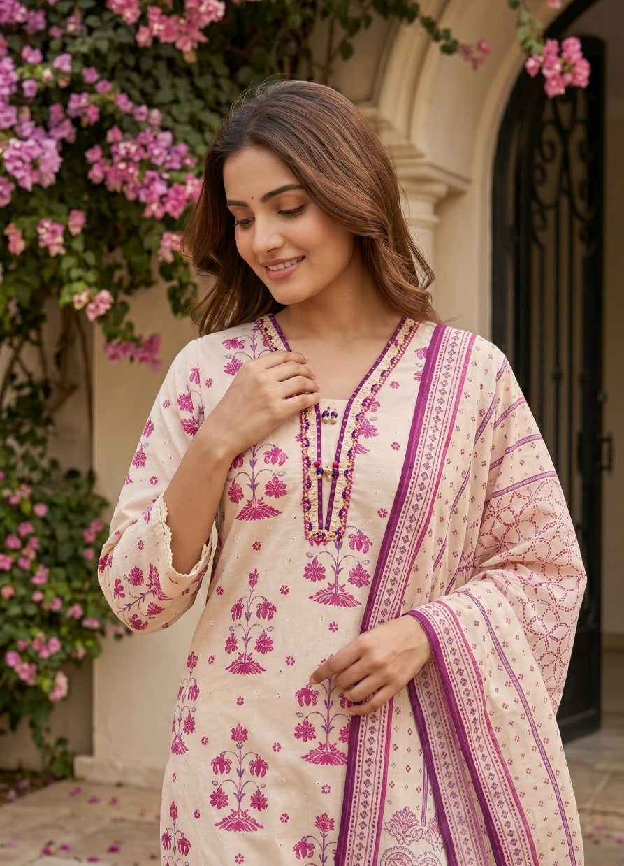 Schiffli Cotton Suit Set with Light Detailing & Print