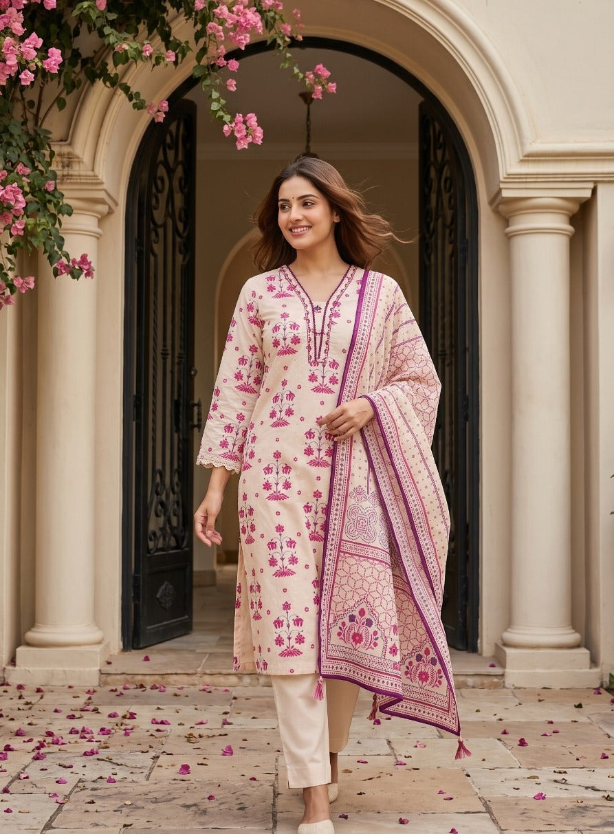 Schiffli Cotton Suit Set with Light Detailing & Print