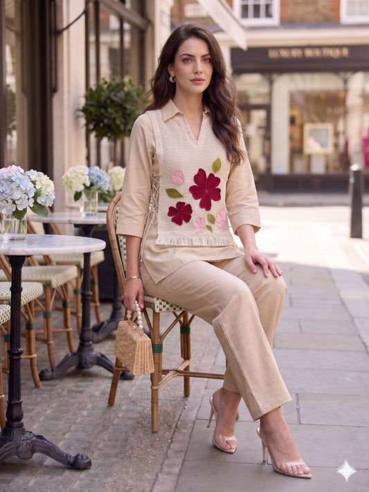 Linen Cotton Co-ord Set with Knitted Detailing