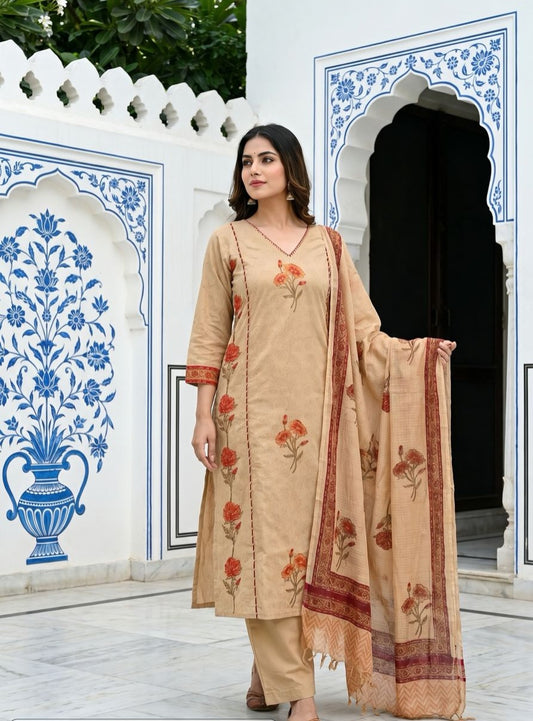 Cotton Hand Block Printed Suit Set with Kota Doria Dupatta