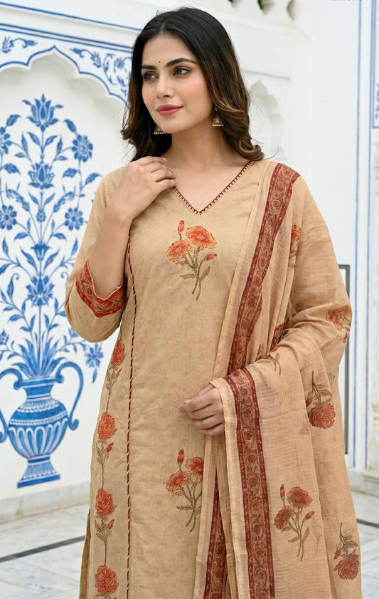 Cotton Hand Block Printed Suit Set with Kota Doria Dupatta