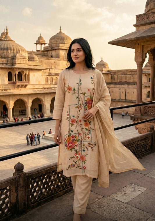 Mul Chanderi Suit with Katha Work & Hand Paint Detailing