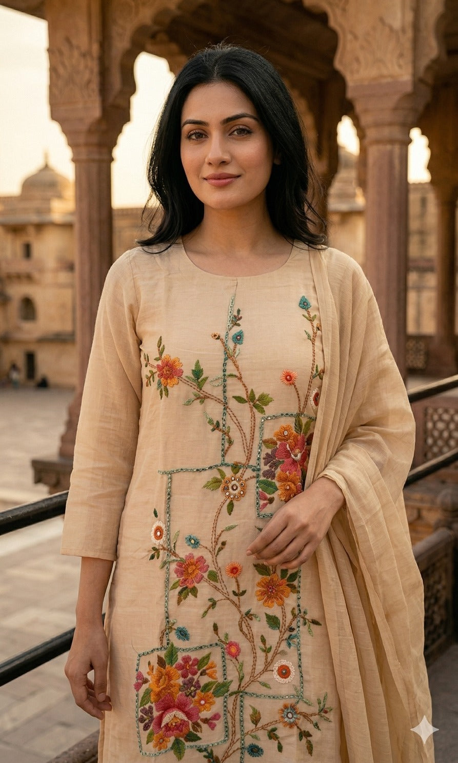 Mul Chanderi Suit with Katha Work & Hand Paint Detailing
