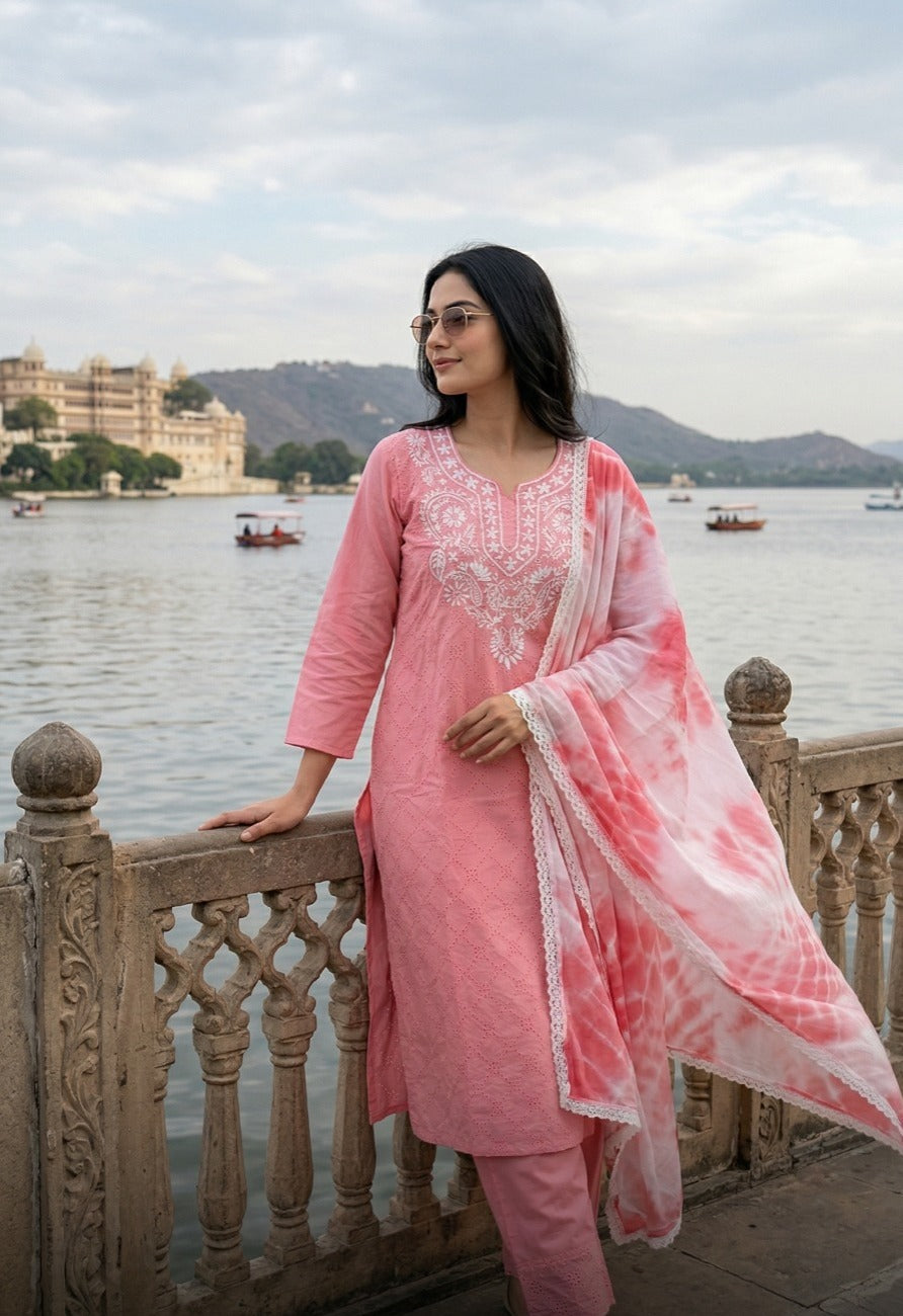 Schiffli Cotton Suit Set with Hand Embroidery & Mul Dupatta