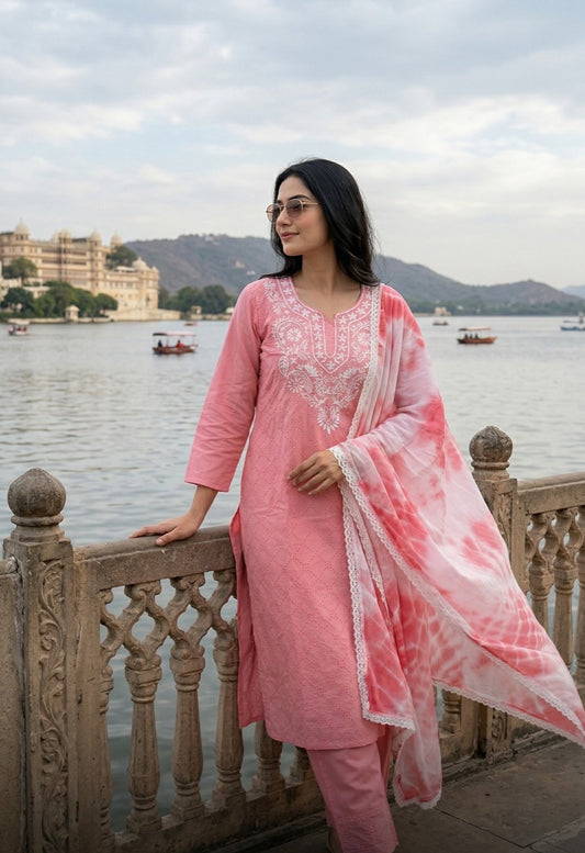 Schiffli Cotton Suit Set with Hand Embroidery & Mul Dupatta