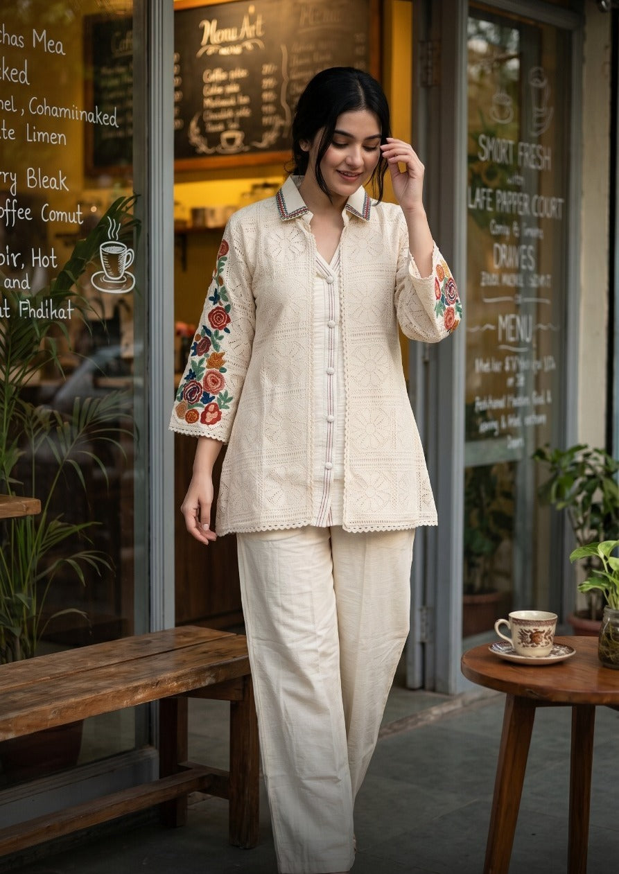 Linen Co-ord Set with Crochet Jacket Style Top