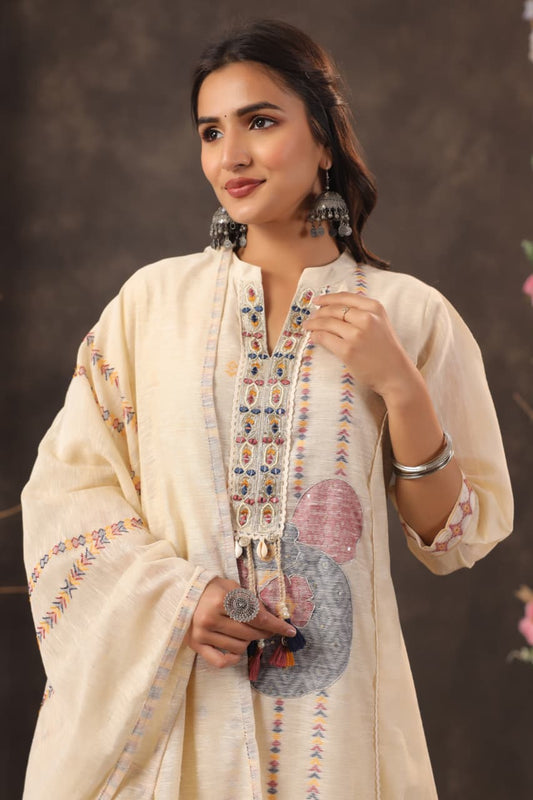 Linen A-Line Suit with Jacquard Weaving & Light Hand Work