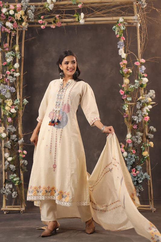 Linen A-Line Suit with Jacquard Weaving & Light Hand Work