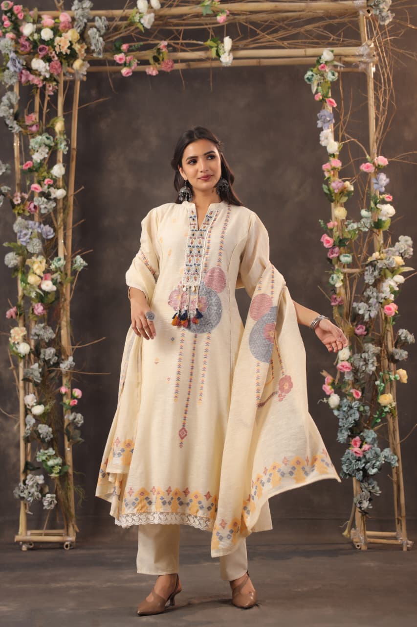 Linen A-Line Suit with Jacquard Weaving & Light Hand Work