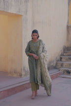 Olive Green Cotton A-line Suit with Embroidered Neckline