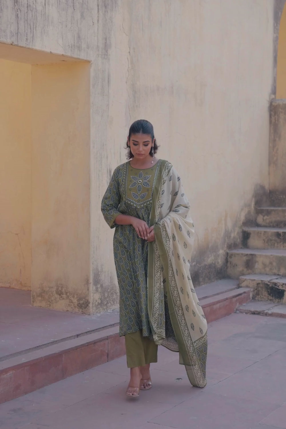 Olive Green Cotton A-line Suit with Embroidered Neckline