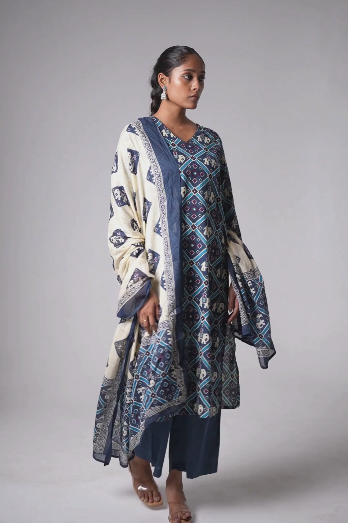 Indigo Elephant Motif Cotton Printed Suit Set