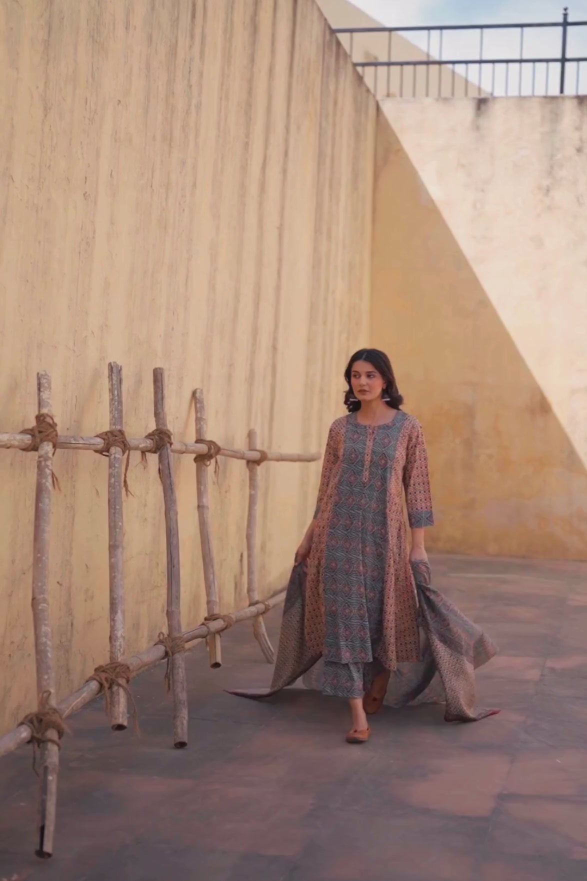 Mocha Block Printed A-Line Cotton Suit Set